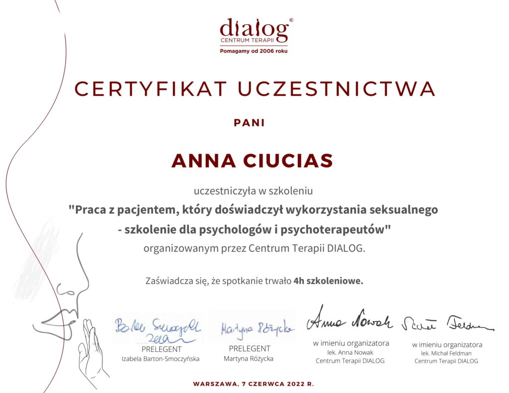 Anna Ciucias - Certyfikat Praca z pacjentem, który doświadczył wykorzystania seksualnego-1