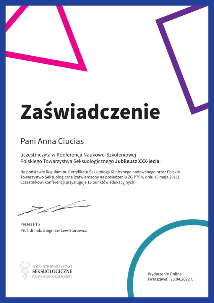 Anna Ciucias - Zaświadczenie Konferencja PTS 2022-1