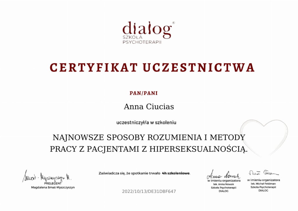 Anna Ciucias - Certyfikat Najnowsze sposoby rozumienia i metody pracy z hiperseksualnością
